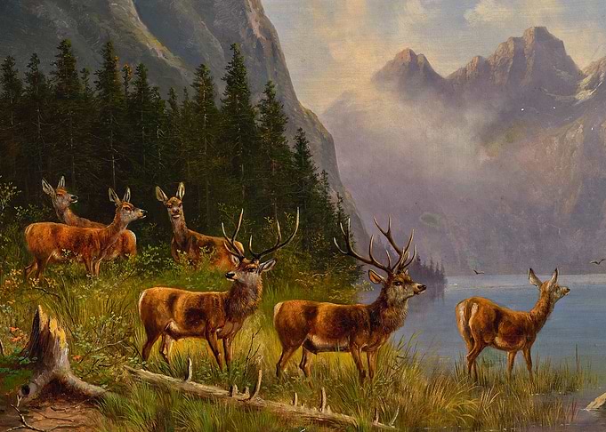 Deer by Mountain Lake Painting by Moritz Muller