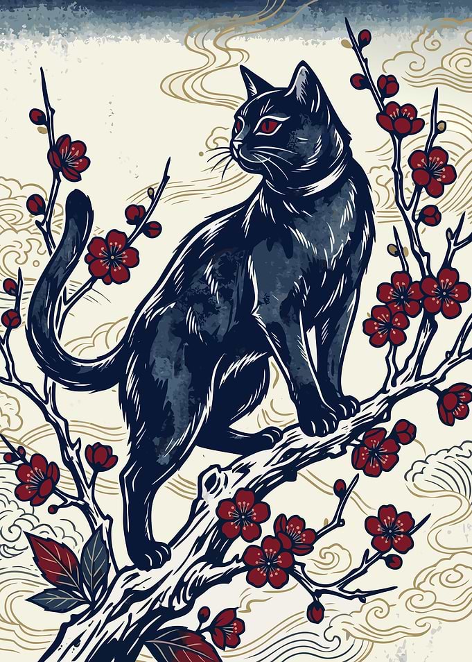 宵梅猫 – Japanese Ukiyo-e Black Cat