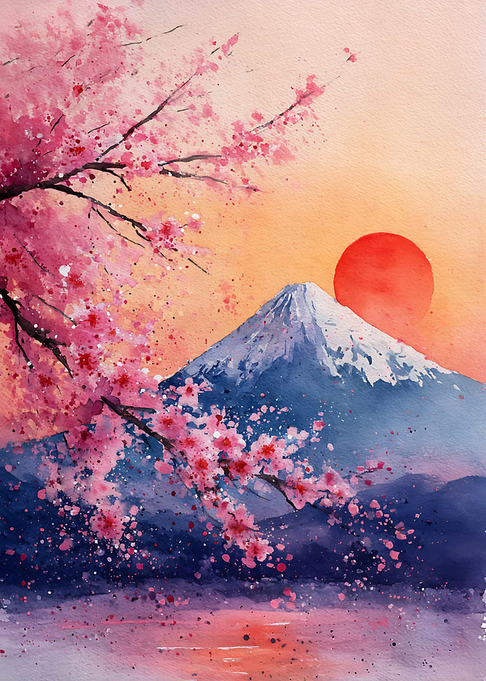 Mount Fuji and Cherry Blossoms Watercolor