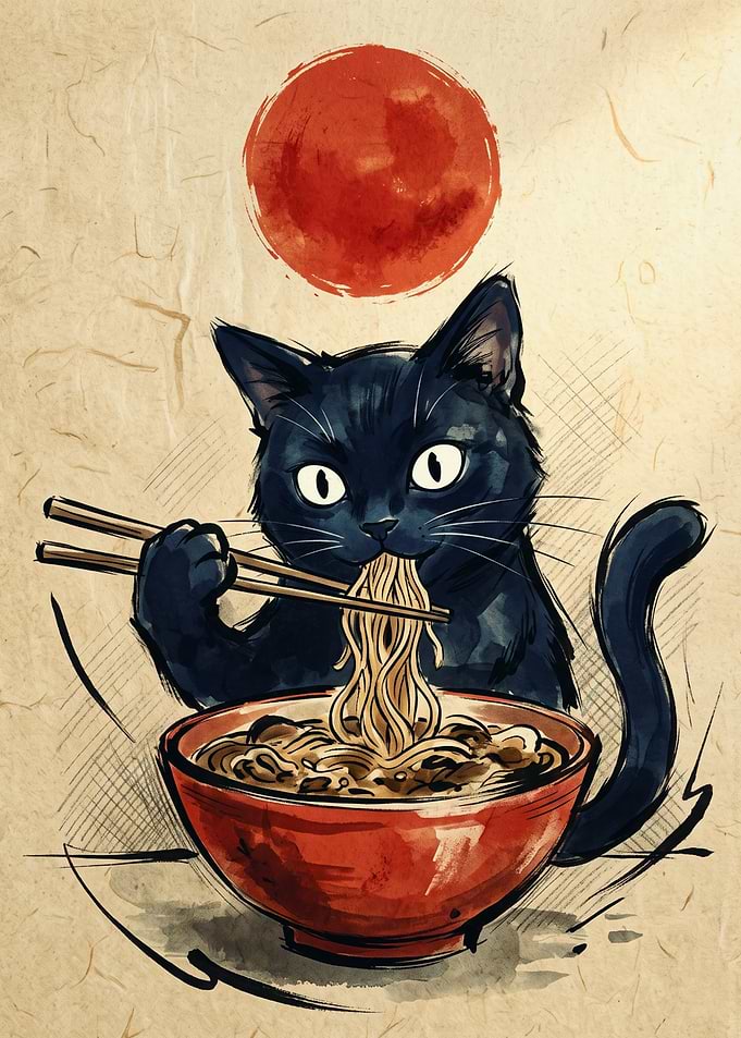 Black Cat Eating Ramen Japanese Ukiyo E Art Print Red Sun Bowl Noodles Poster