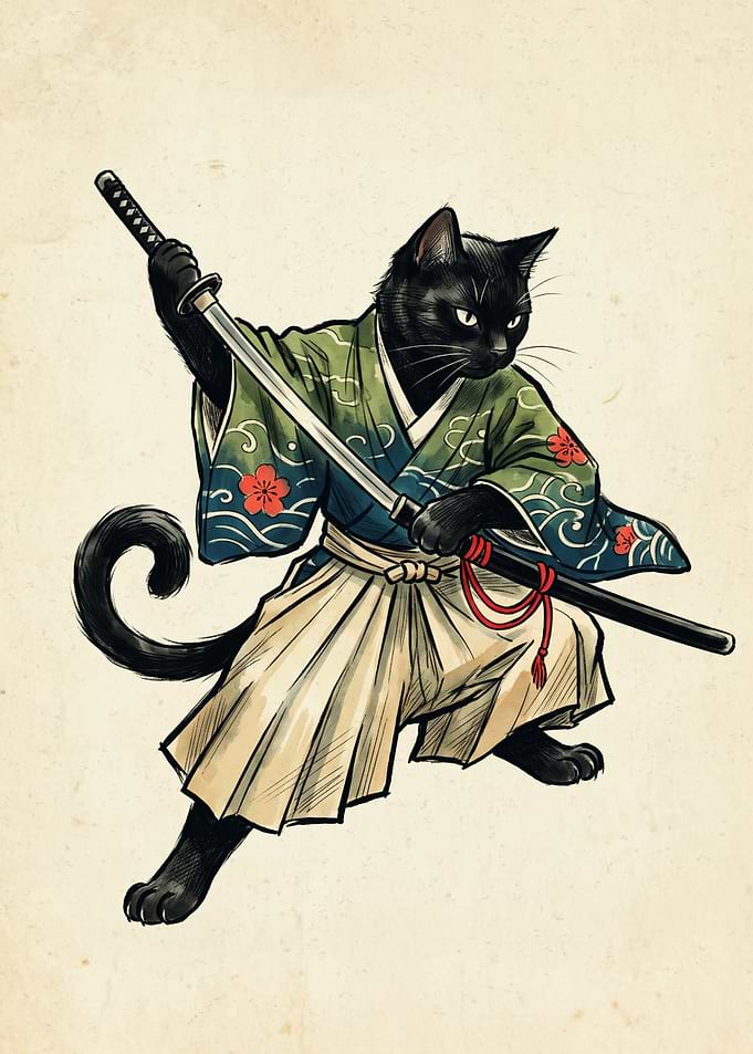 Samurai Cat Japanese Ukiyo E Art Print Vintage Kimono Katana Warrior Poster