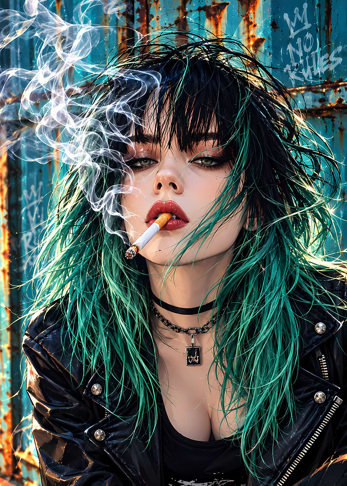Edgy Girl with Green Hair Smoking