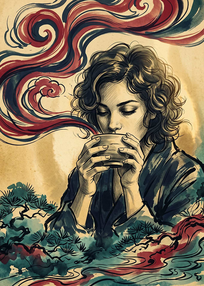 Woman Drinking Tea Vintage Ukiyo E Art Print Japanese Watercolor Traditional Poster