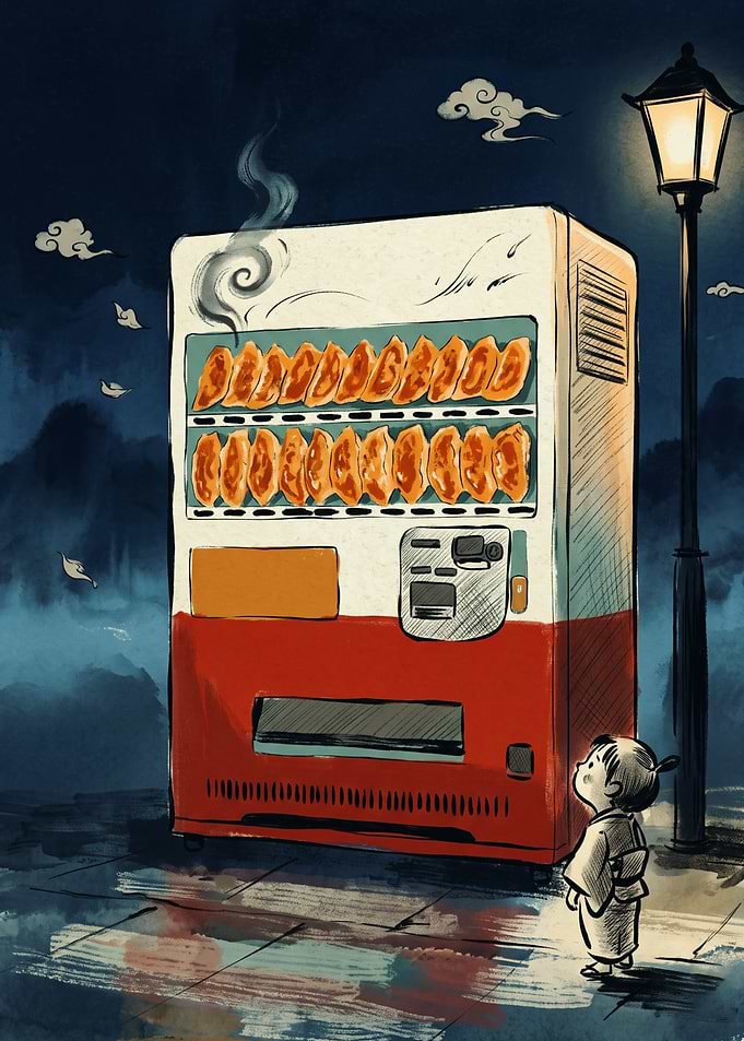 Vending Machine Dumplings Japanese Retro Watercolor Art Night Street View Aesthetic Poster