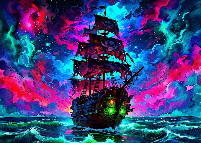 Neon Pirate Ship in Cosmic Sea