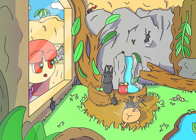 Cartoon Girl Watching Beetle Habitat