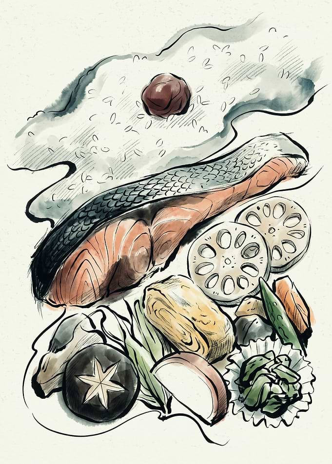Grilled Salmon Bento Japanese Food Ink Watercolor Art Bento Box Meal Print Poster