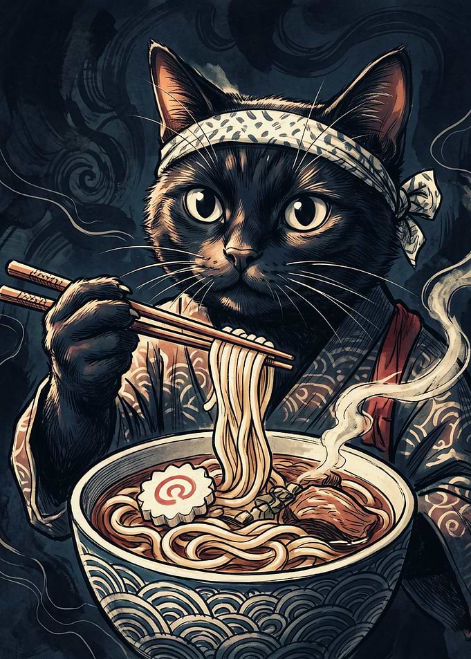 Cat Ramen Eating Japanese Ukiyo E Art Print Chopsticks Noodles Bowl Poster