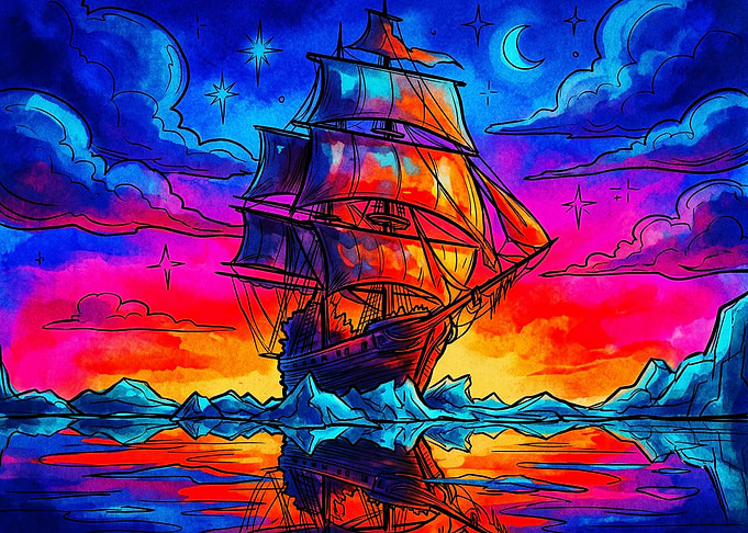 Vibrant Neon Sailing Ship at Night