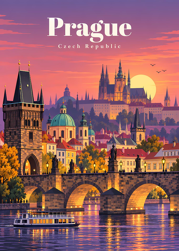 Prague Charles Bridge Sunset Travel Poster