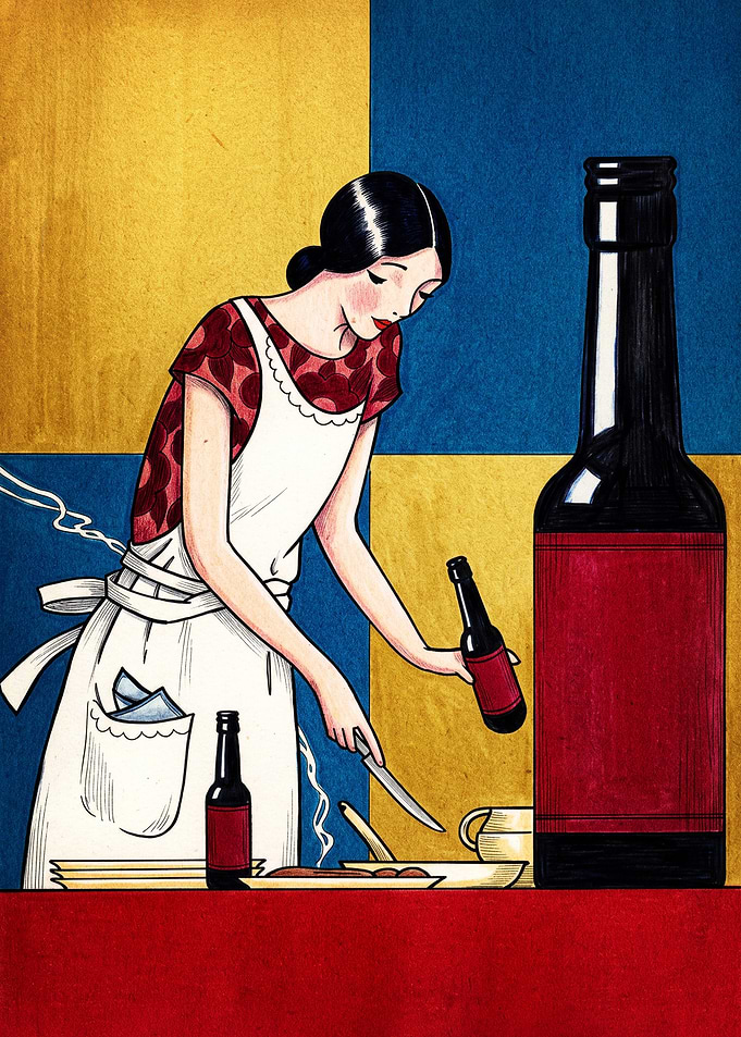 Woman Cooking with Wine Illustration