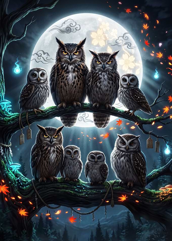 Owl Family Full Moon Fantasy Art