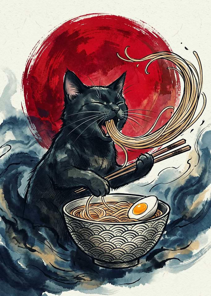 Black Cat Eating Ramen Japanese Ukiyo E Art Print Red Sun Noodles Bowl Poster