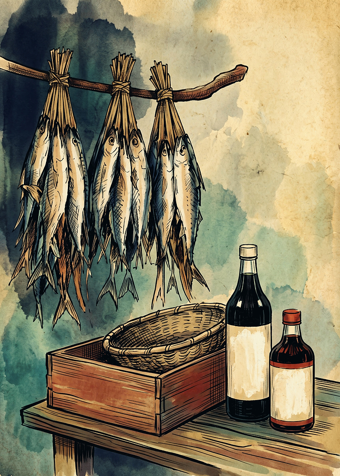 Dried Fish Watercolor Art Print Vintage Seafood Market Kitchen Wall Decor Poster