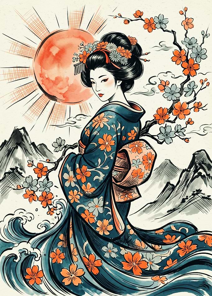 Geisha Kimono Japanese Ukiyo E Art Red Sun Cherry Blossom Mountain Waves Wall Decor