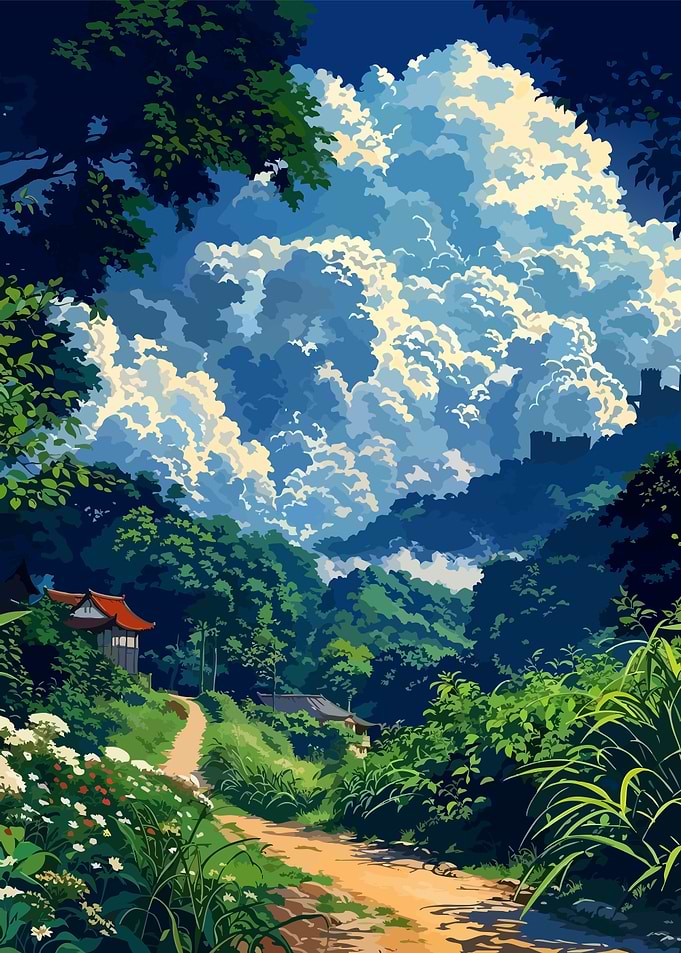 Anime Style Lush Mountain Path