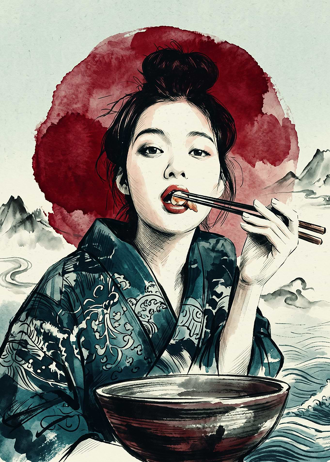 Japanese Woman Kimono Watercolor Art Red Sun Asian Food Dining Cultural Aesthetic Poster