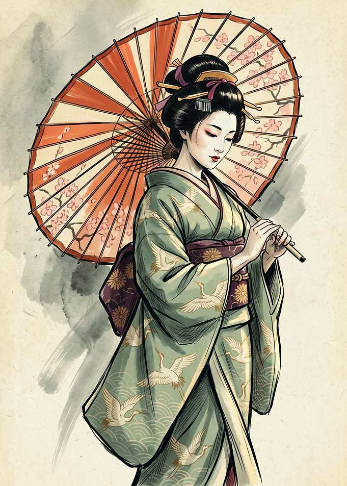 Geisha Kimono Japanese Ukiyo E Art Print Traditional Crane Umbrella Wall Decor Poster