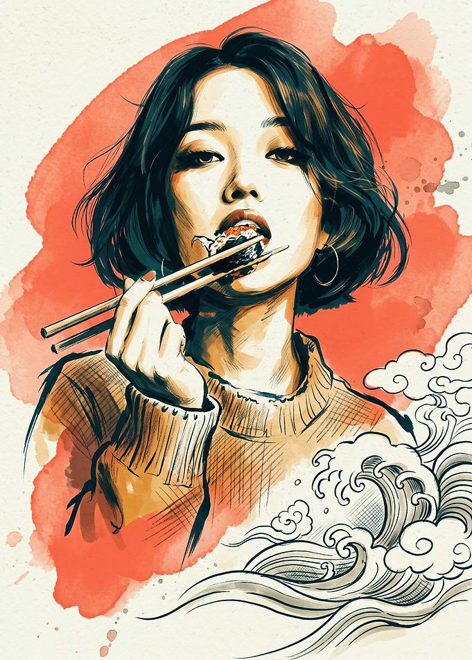 Asian Girl Eating Sushi Japanese Watercolor Art Wave Sun Aesthetic Restaurant Wall Poster