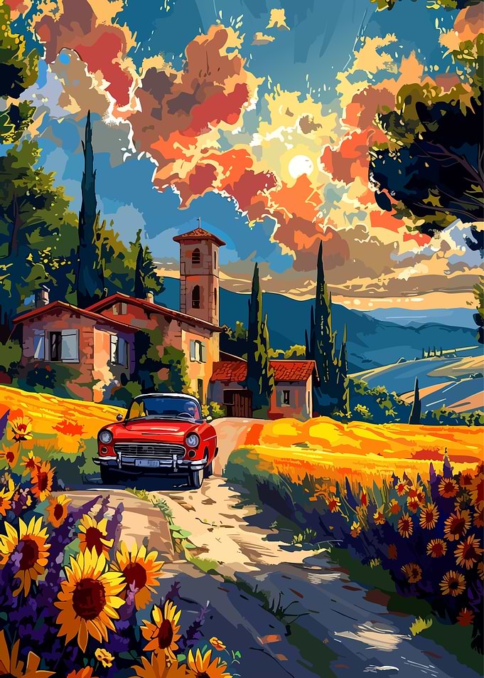 Red Car in Tuscan Landscape
