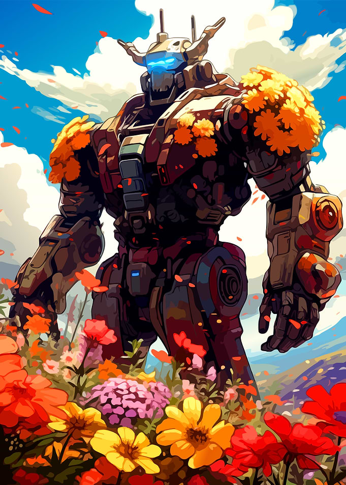 Giant Mech Standing in Flower Field