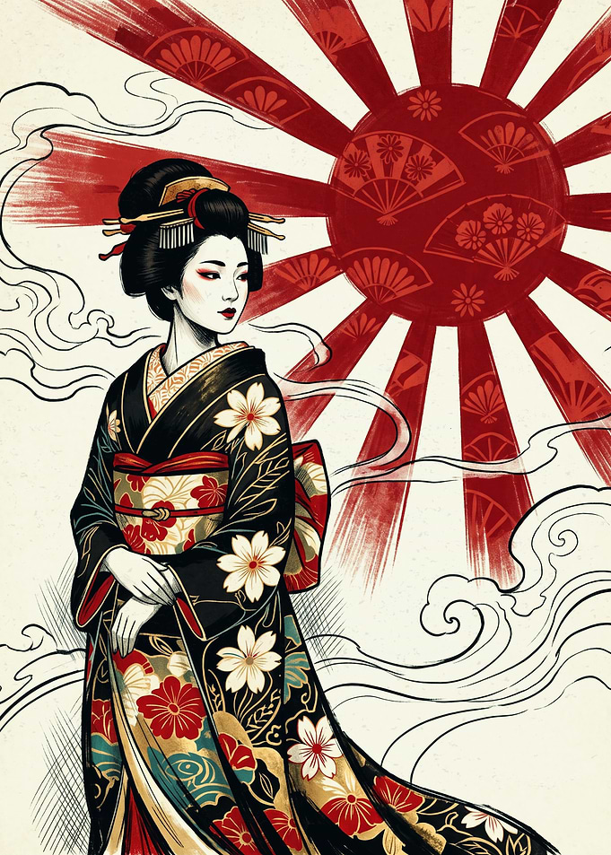 Geisha Kimono Japanese Ukiyo E Art Red Rising Sun Cherry Blossom Floral Poster Print