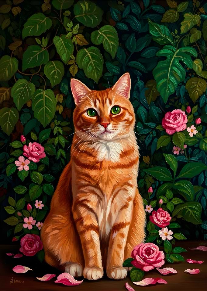 Orange Tabby Cat in Rose Garden