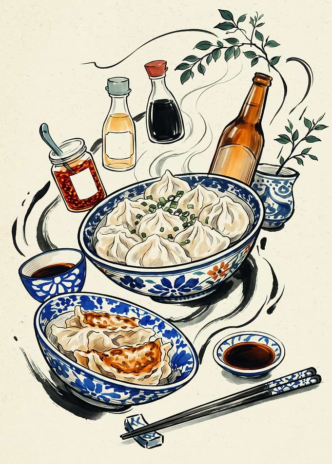 Dumplings Soup Asian Food Watercolor Art Chinese Gyoza Steamed Bun Kitchen Wall Poster