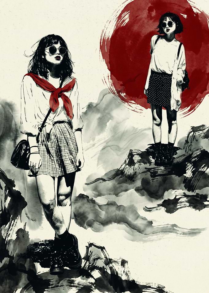 Anime Girl Japanese Ink Art Red Sun Aesthetic Poster Vintage Fashion Urban Sketch
