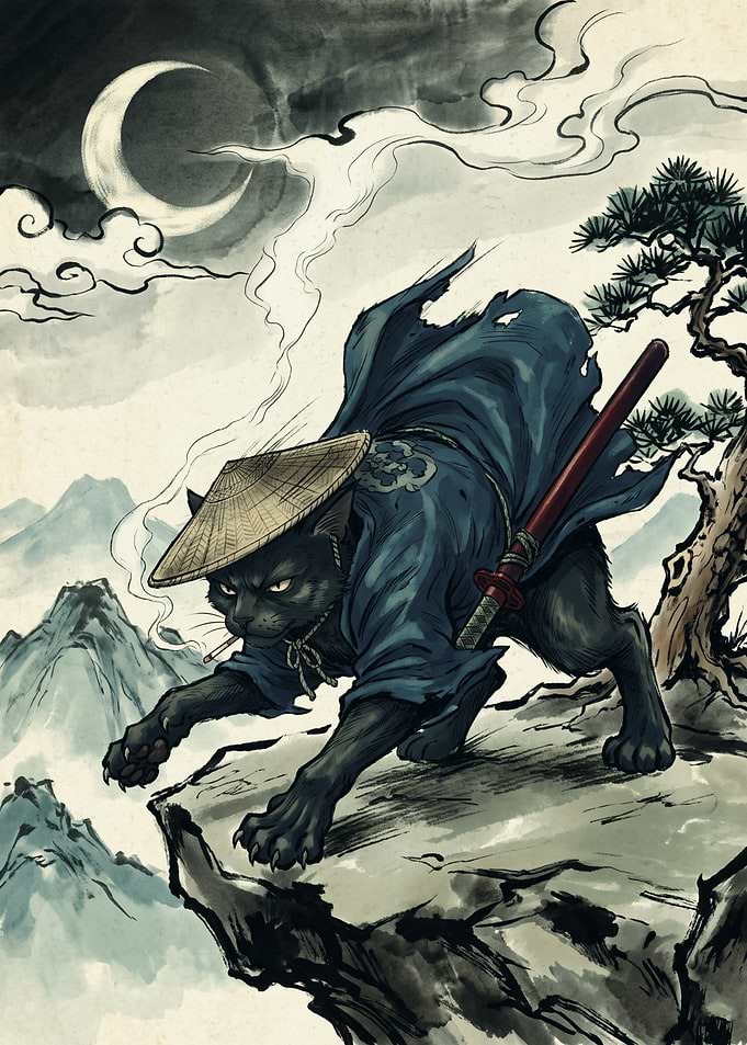 Samurai Cat Ninja Japanese Ink Painting Crescent Moon Pine Tree Mountain Wall Art Print