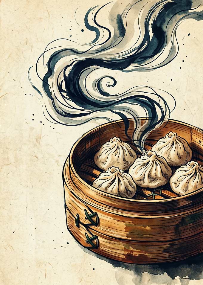 Steamed Dumplings Bamboo Steamer Chinese Food Watercolor Ink Art Poster Print Kitchen