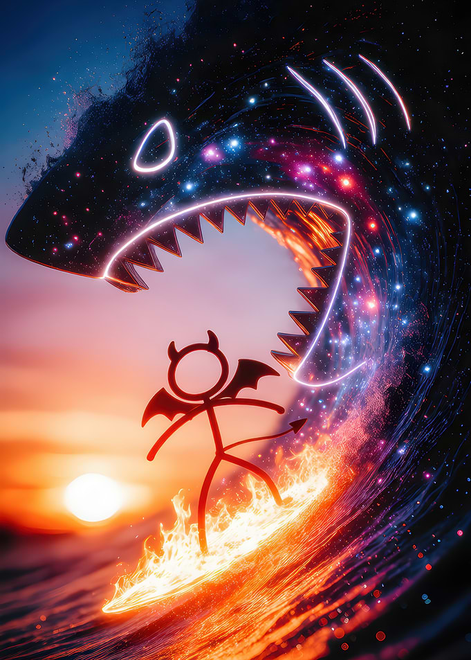 Stick Figure Devil Surfing Cosmic Wave