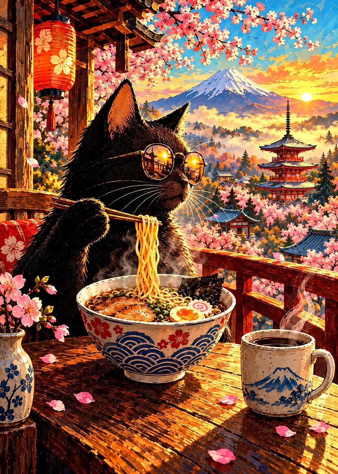 Black Cat Eating Ramen in Japan