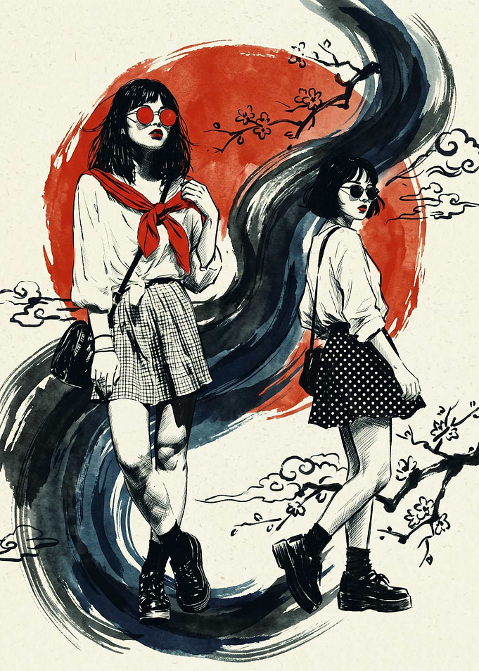 Anime Girl Red Sun Japanese Ink Wash Art Modern Retro Fashion Aesthetic Wall Poster
