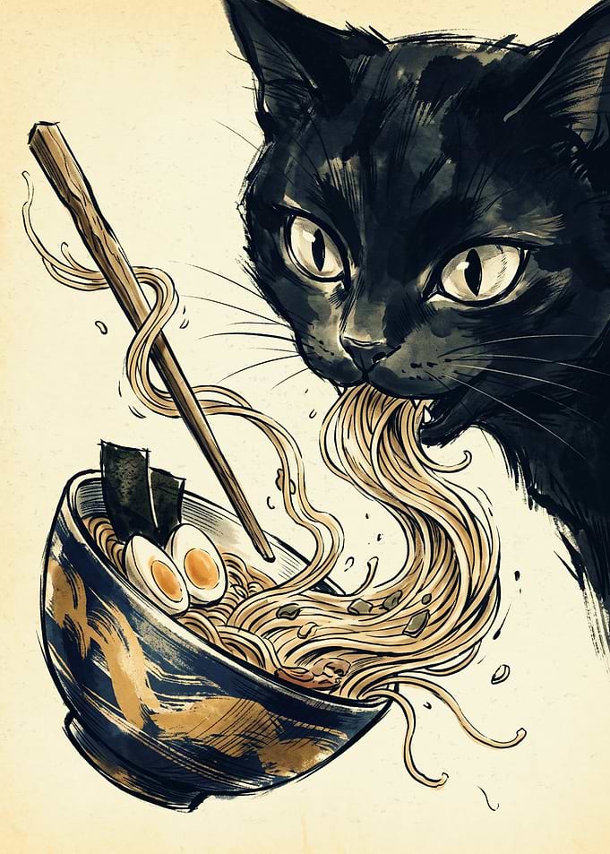 Black Cat Eating Ramen Japanese Ink Art Noodle Bowl Foodie Poster Wall Decor