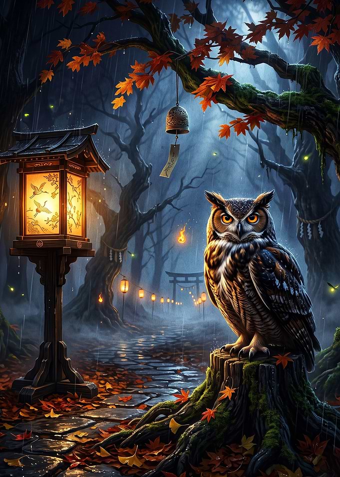 Owl Forest Japanese Autumn Poster