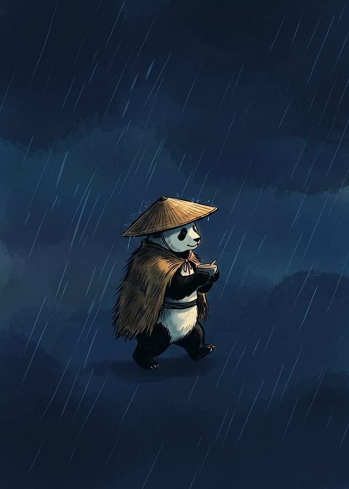 Samurai Panda Rain Storm Digital Painting Traditional Asian Hat Tea Cup Wall Art Print