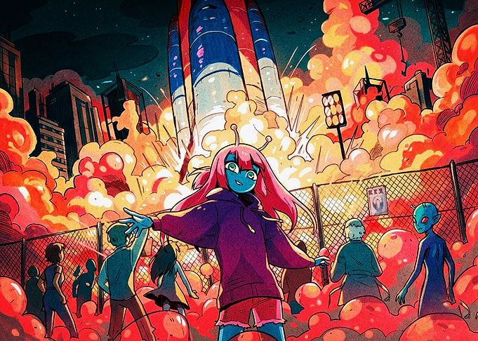 Alien Girl Watching Rocket Launch