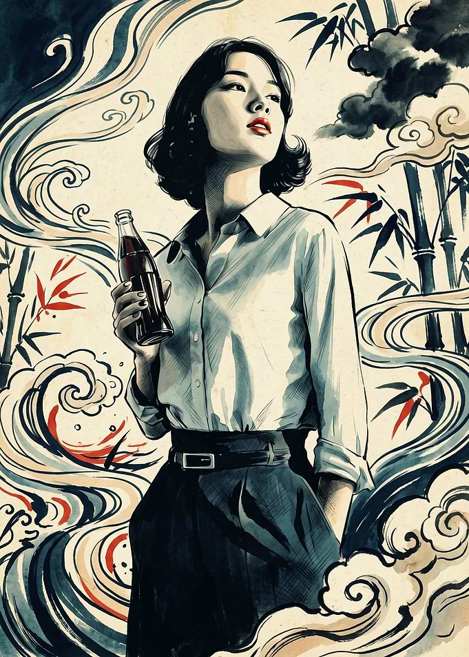 Asian Woman Soda Vintage Art Print Traditional Ink Painting Bamboo Waves Poster