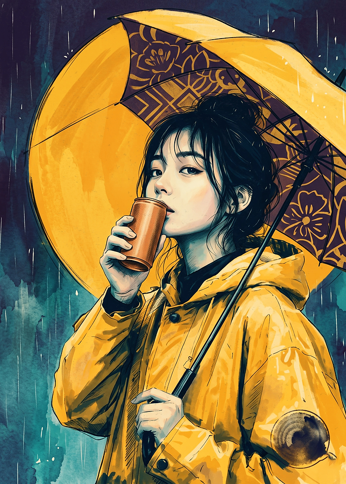 Yellow Umbrella Girl Rain Comic Art Print Drink Can Rainy Day Aesthetic Wall Decor