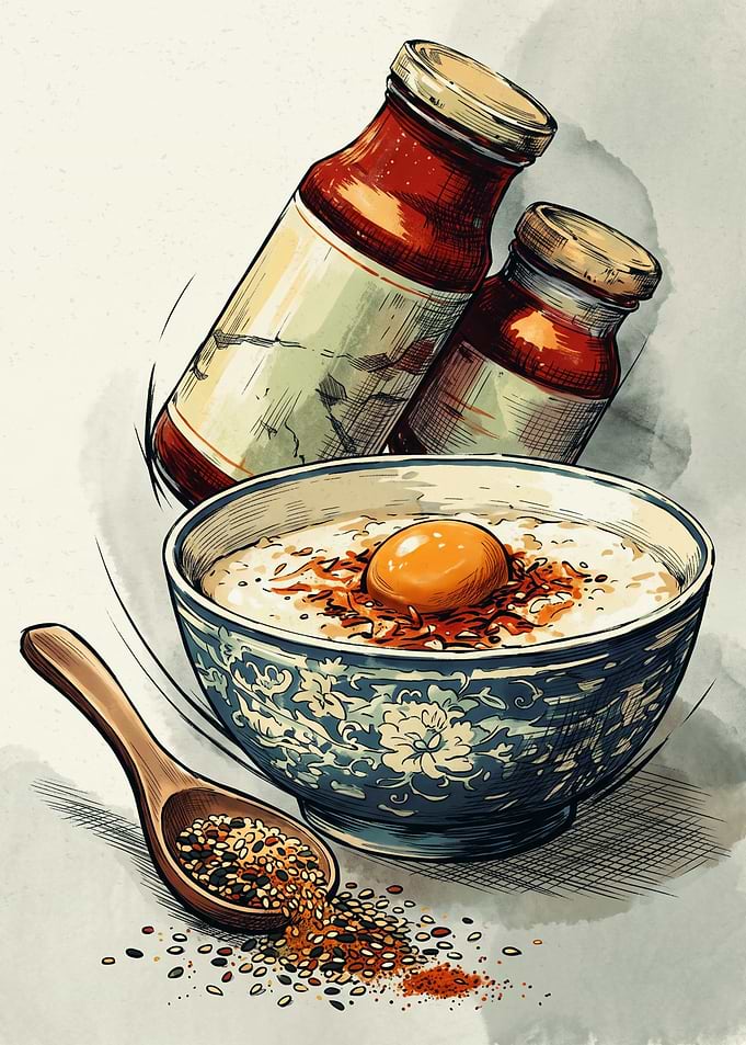 Tamago Kake Gohan Raw Egg Rice Sketch Art Sauce Bottle Asian Food Kitchen Wall Decor