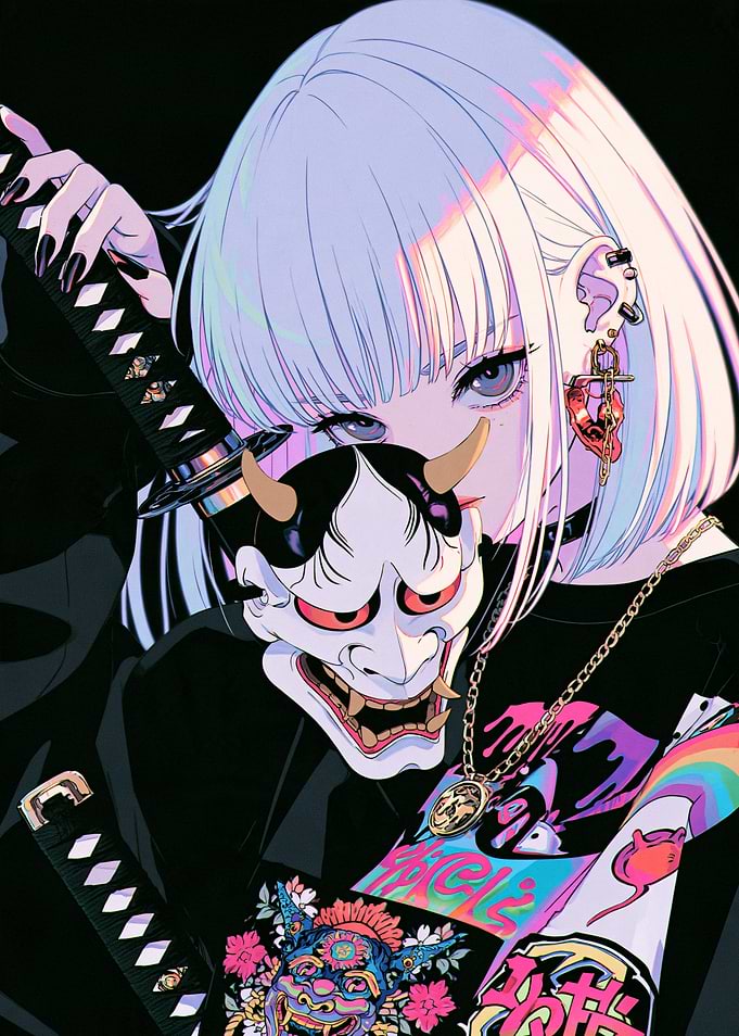 Anime Girl with Oni Mask and Katana