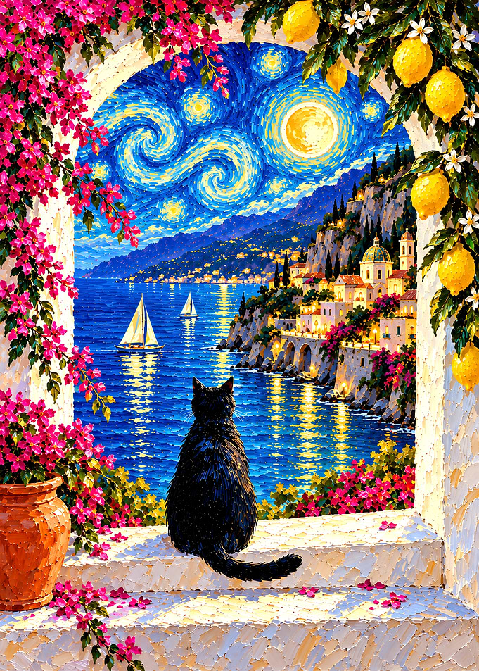 Black Cat Watching Starry Coastal View