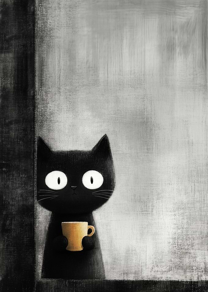Black Cat Holding a Coffee Mug