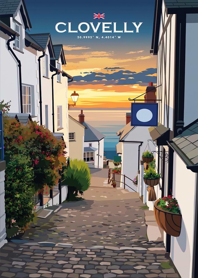 Clovelly Village Sunset Travel Poster