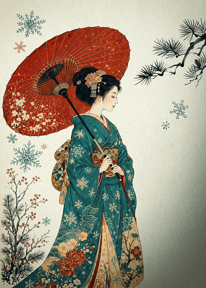 Japanese Kimono Woman Ukiyo E Art Red Umbrella Snowflake Winter Aesthetic Poster