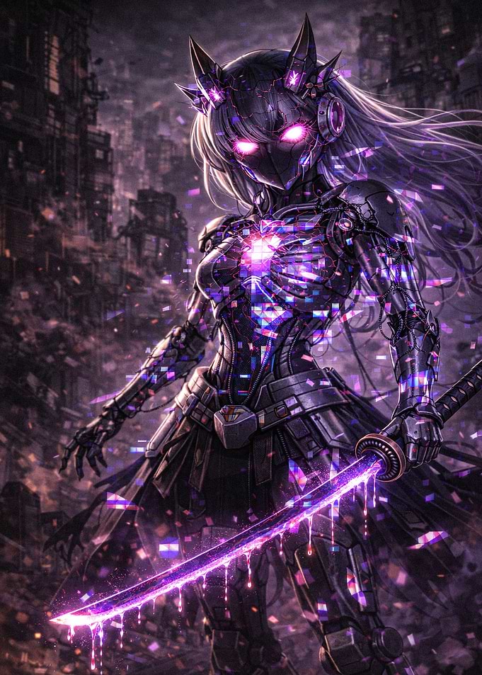 Cybernetic Anime Warrior with Glowing Sword