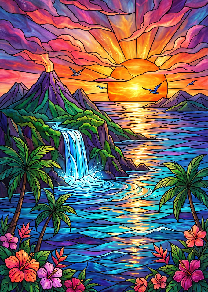 Stained Glass Tropical Volcano Sunset