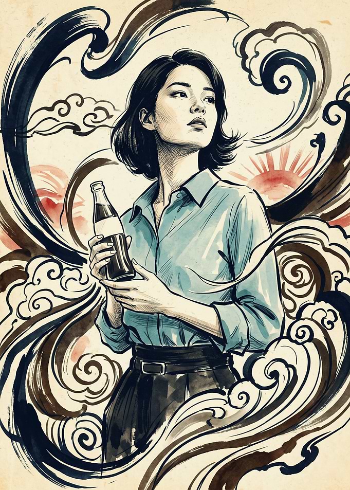 Asian Woman Holding Soda Vintage Ukiyo E Art Japanese Ink Print Aesthetic Wall Decor
