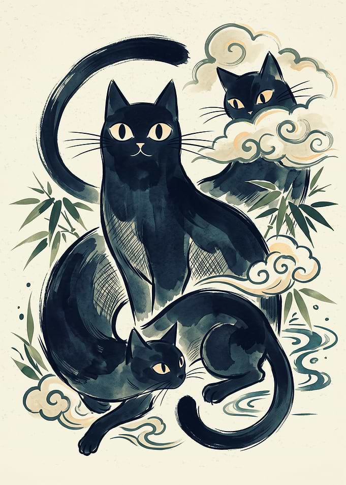 Black Cat Japanese Watercolor Art Traditional Ukiyo E Clouds Bamboo Aesthetic Poster